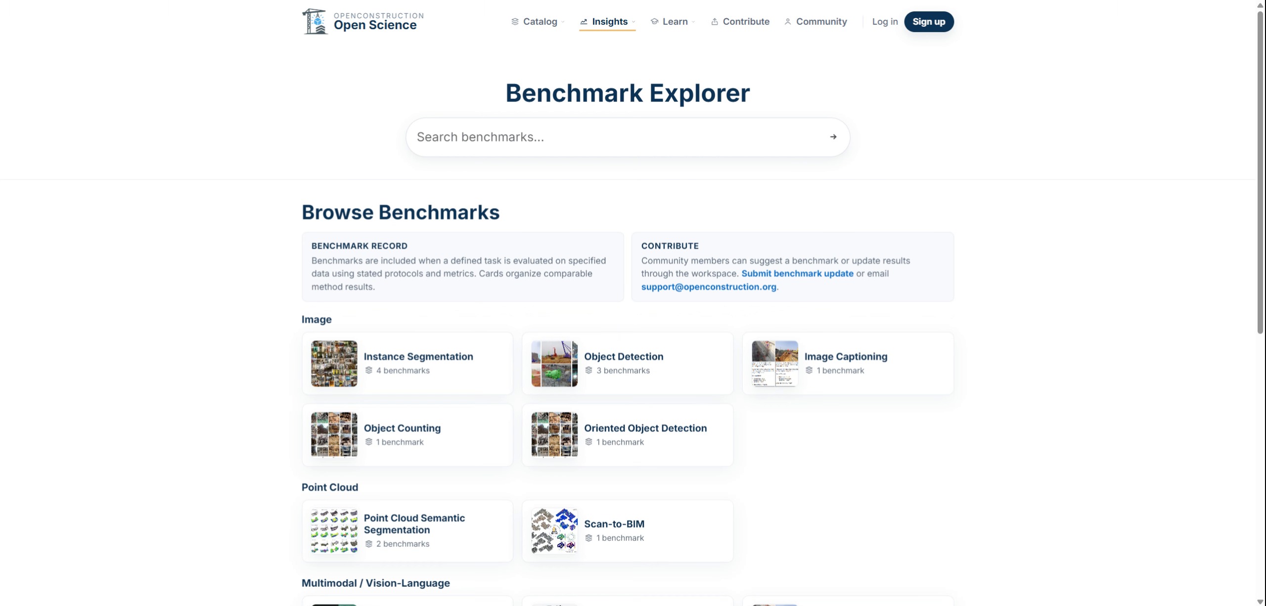 OpenConstruction Benchmark Explorer with search and task categories