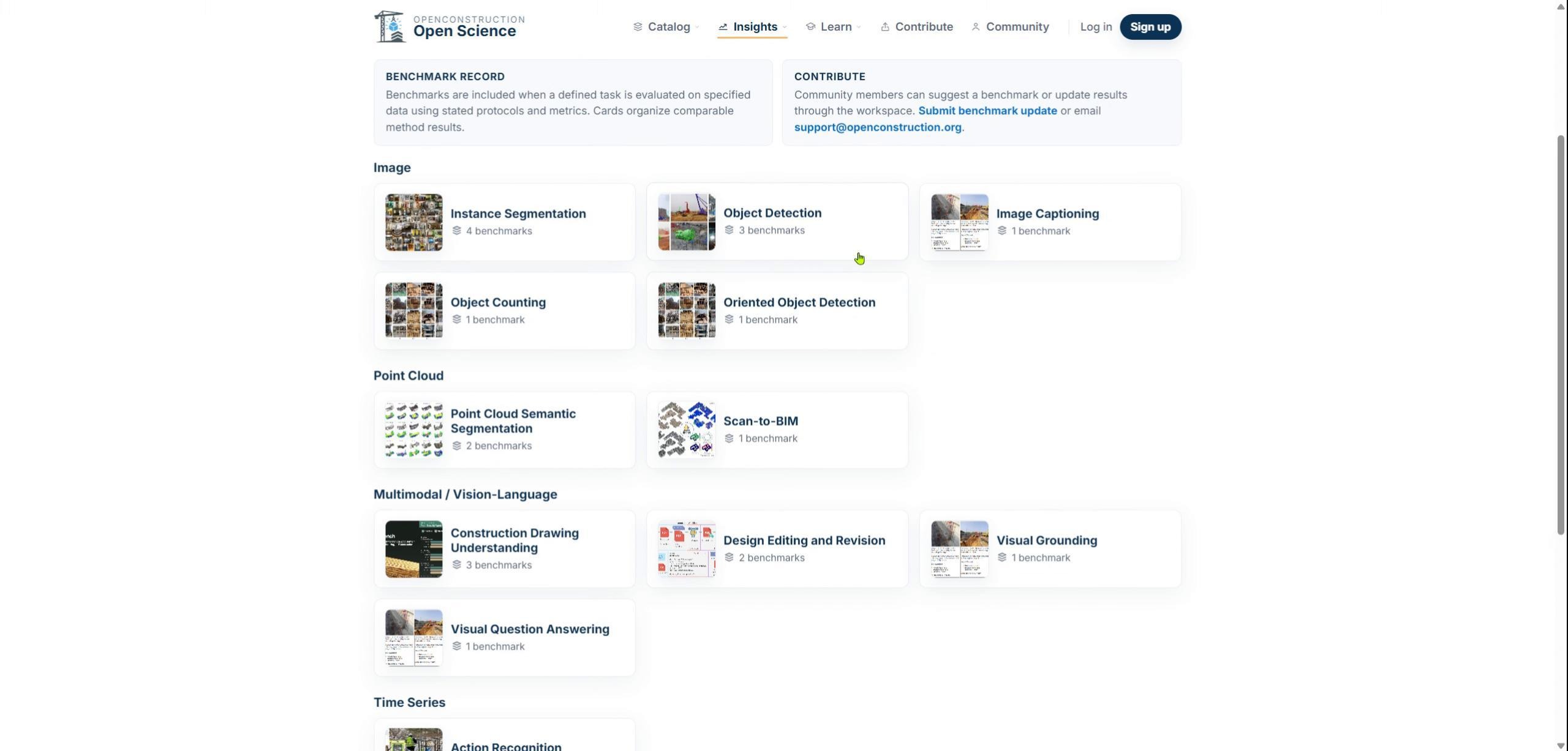 Benchmark Explorer showing tasks grouped by data modality