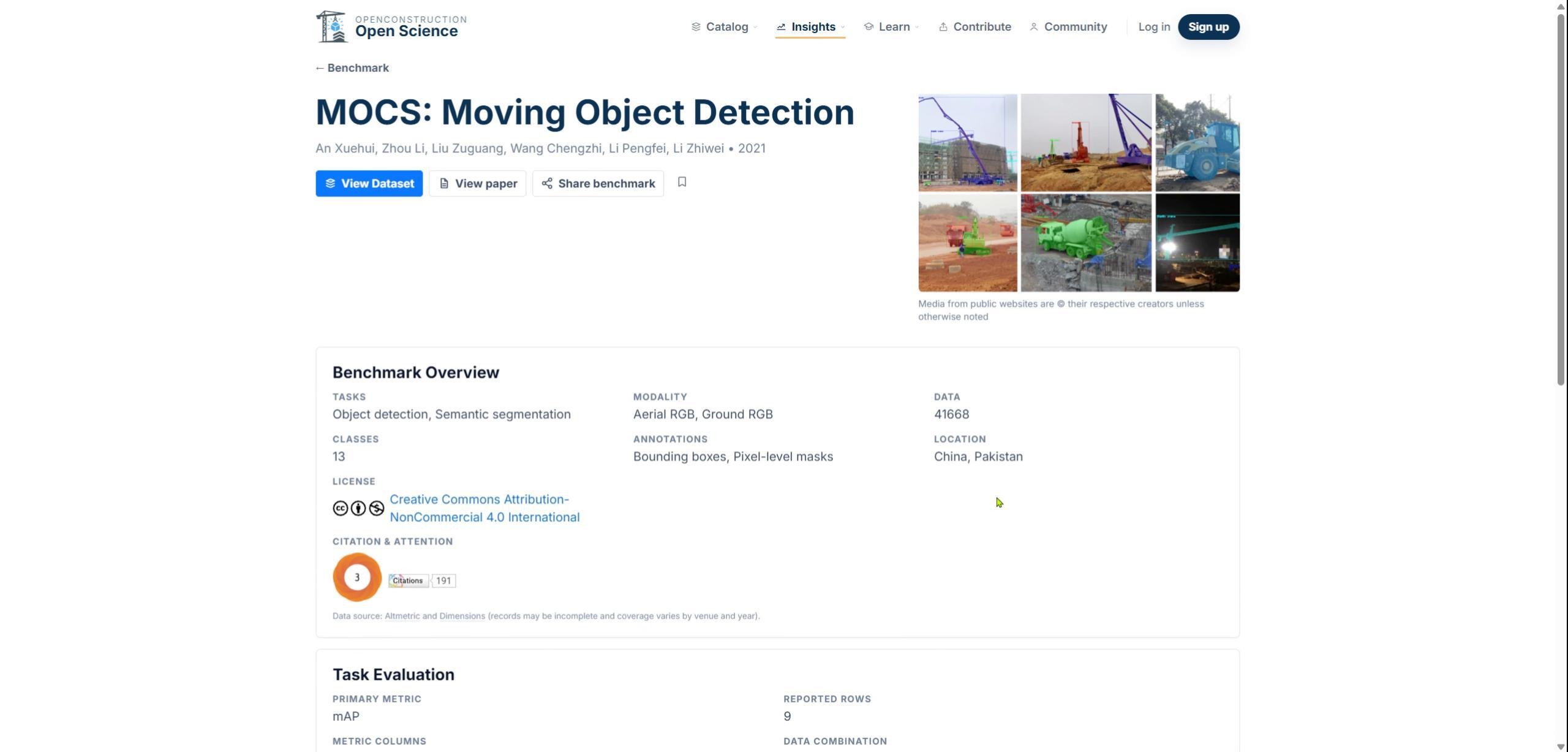 Benchmark detail page showing task, dataset, metric, license, and source information