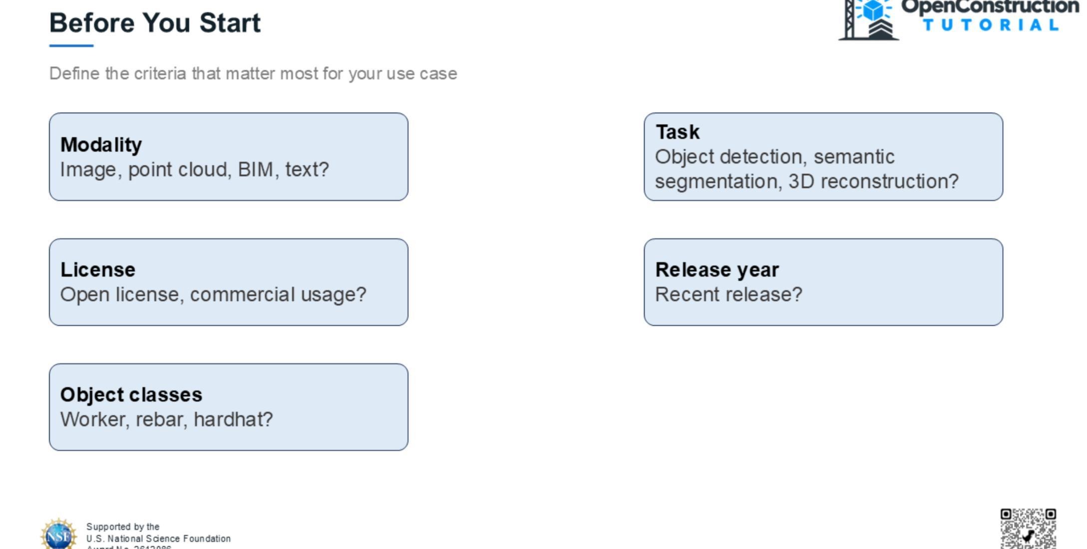 Criteria for choosing a dataset, including modality, task, license, release year, and object classes