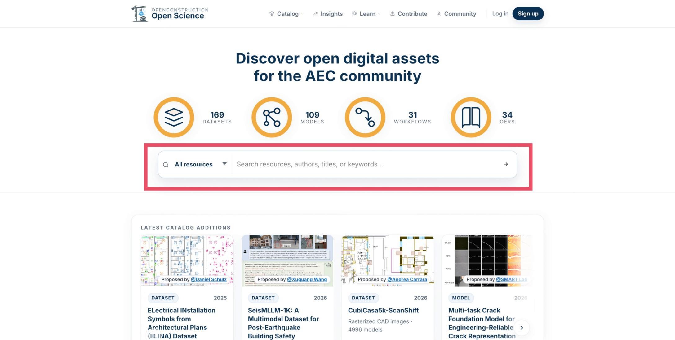 OpenConstruction homepage search field highlighted