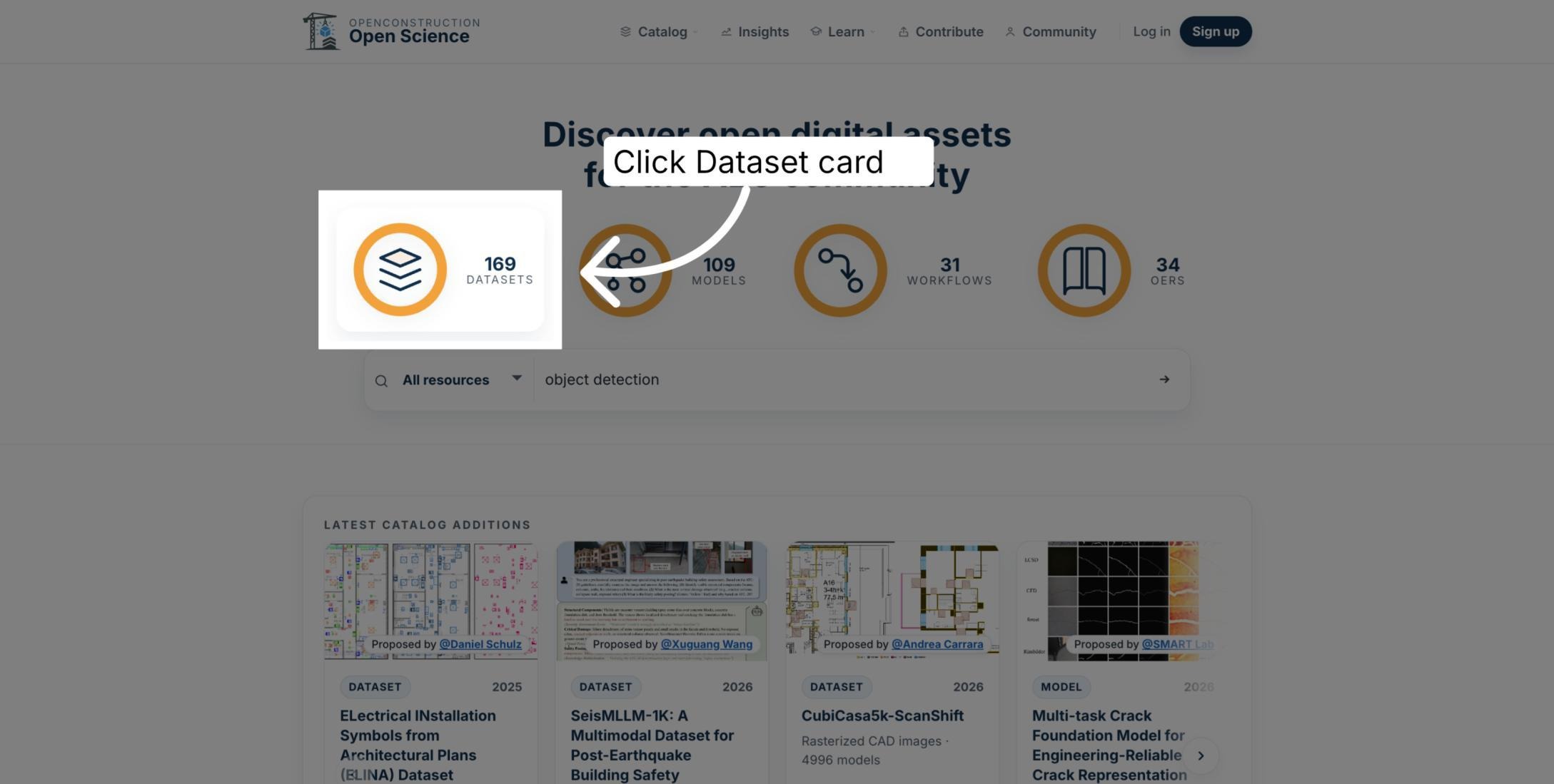 Dataset count shortcut highlighted on the OpenConstruction homepage