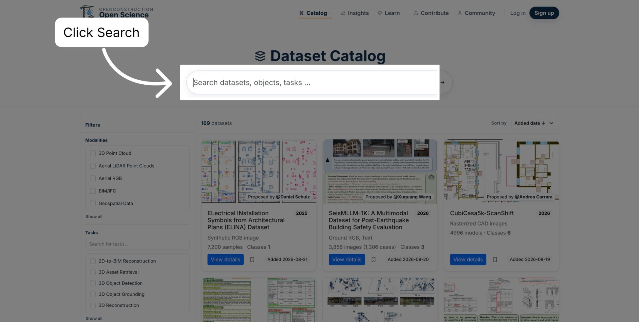 Search action highlighted in the Dataset Catalog