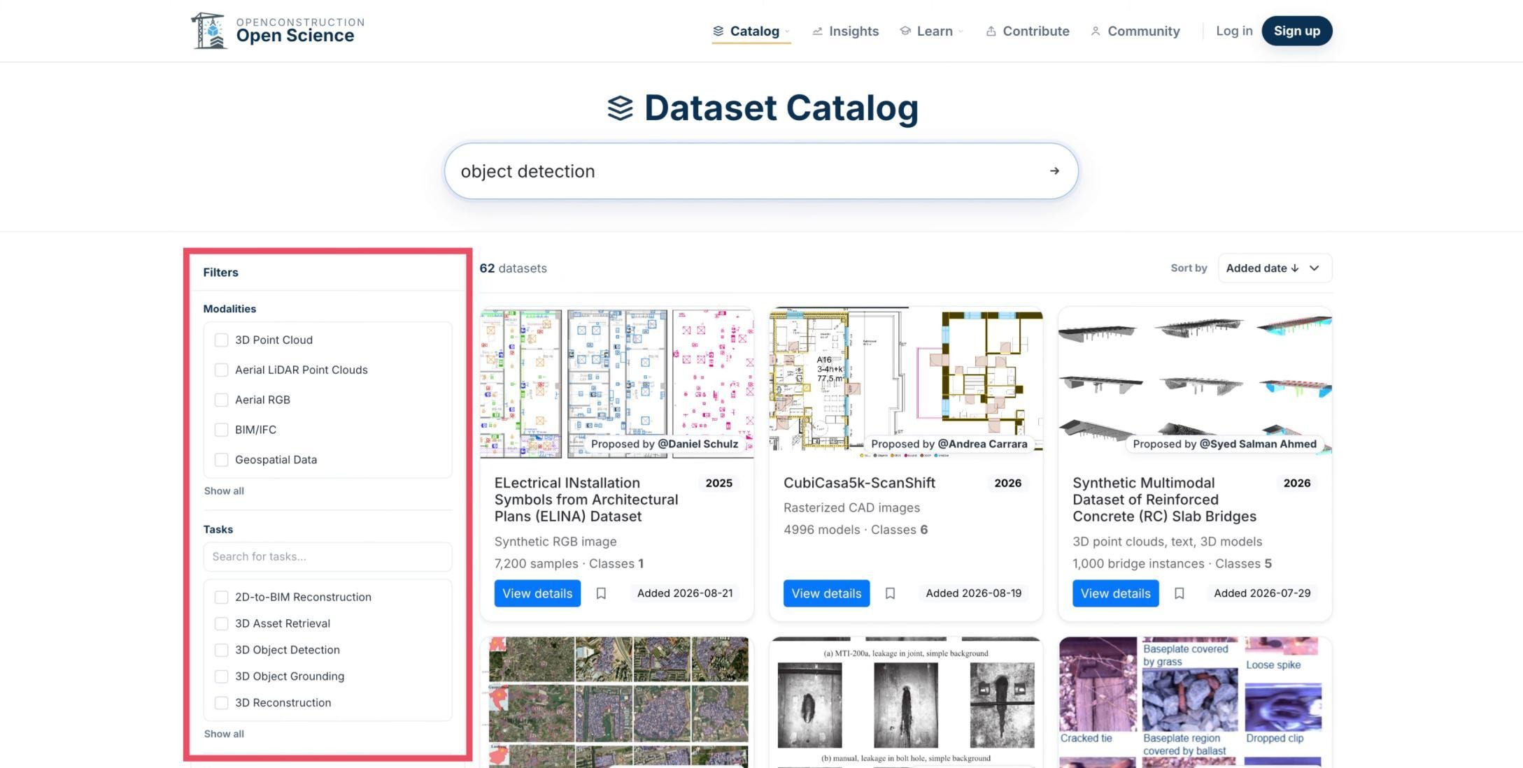 Dataset Catalog filter panel highlighted