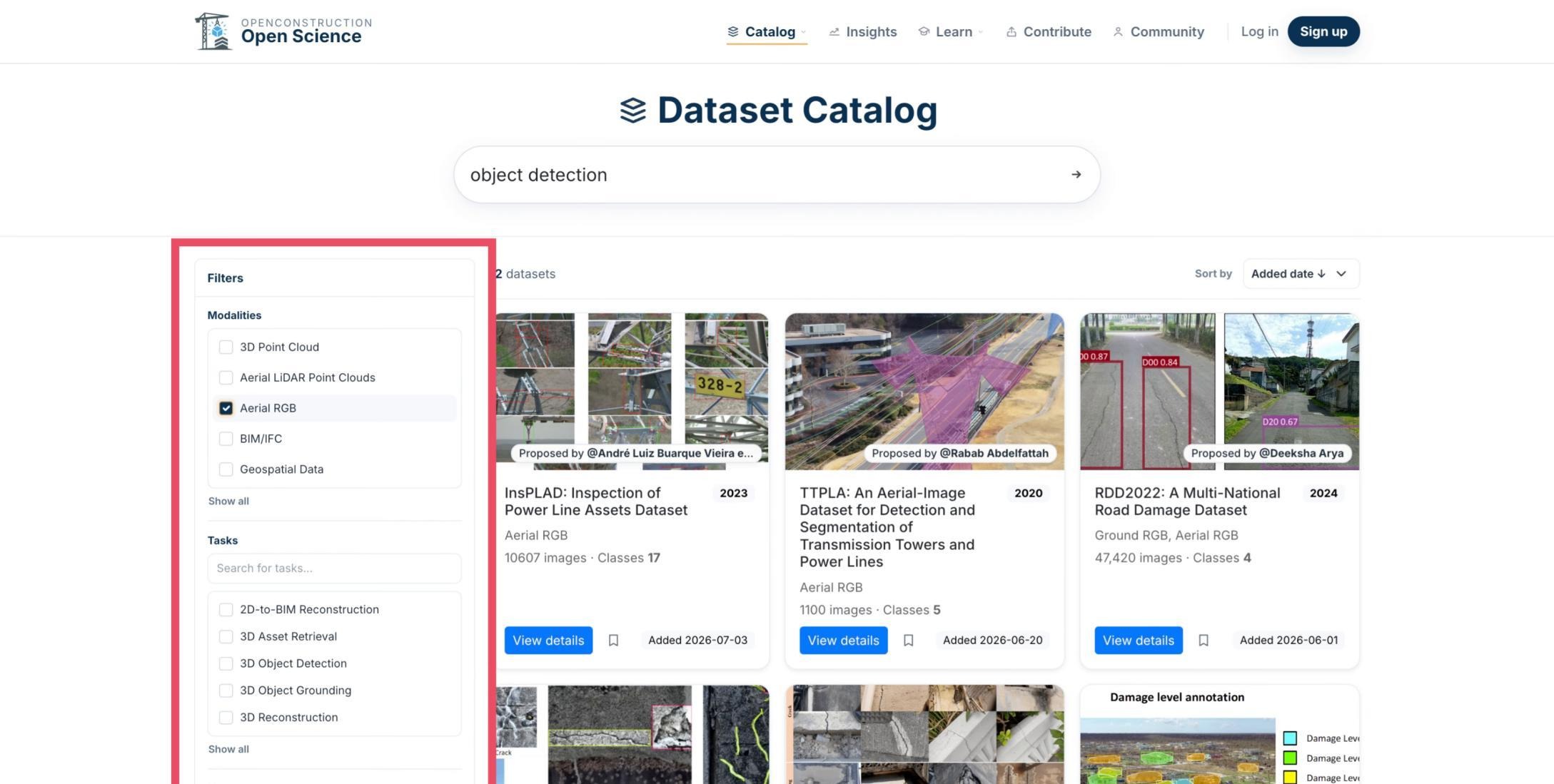 Task and license options in the Dataset Catalog filter panel