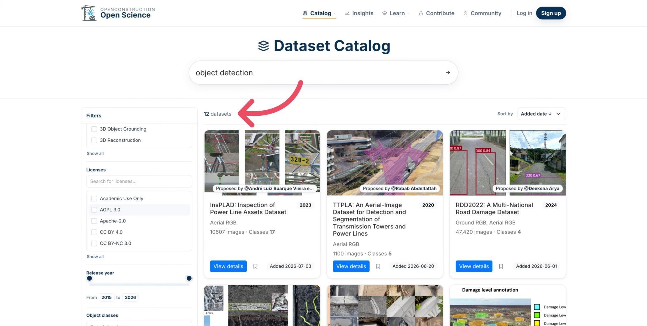 Filtered dataset result count highlighted