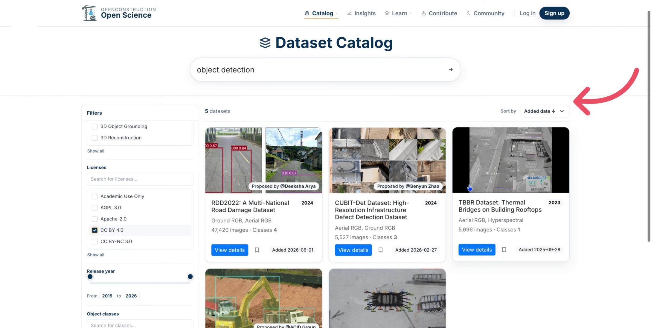 Sort control highlighted above filtered dataset results