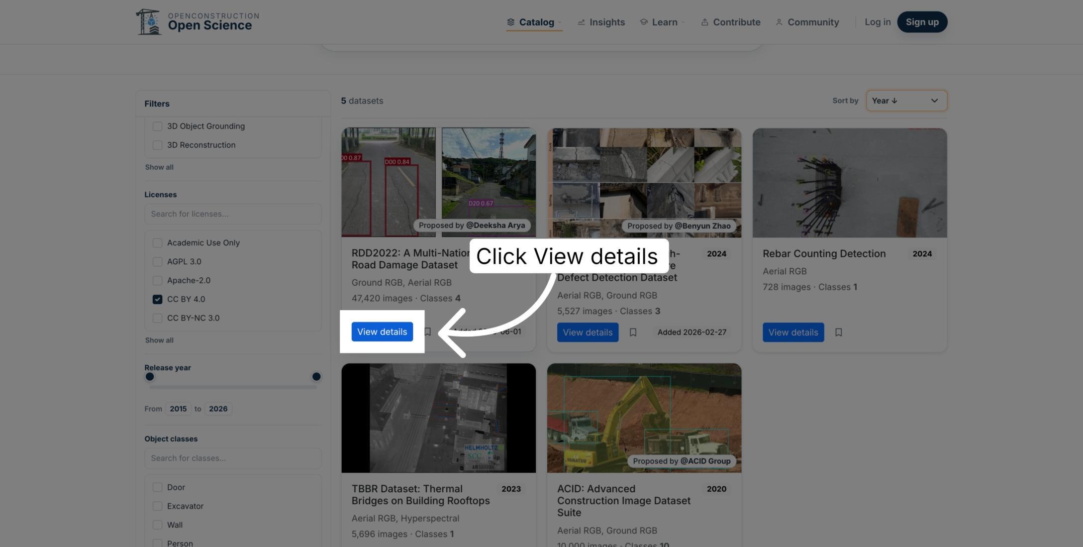 View details action highlighted on a dataset result
