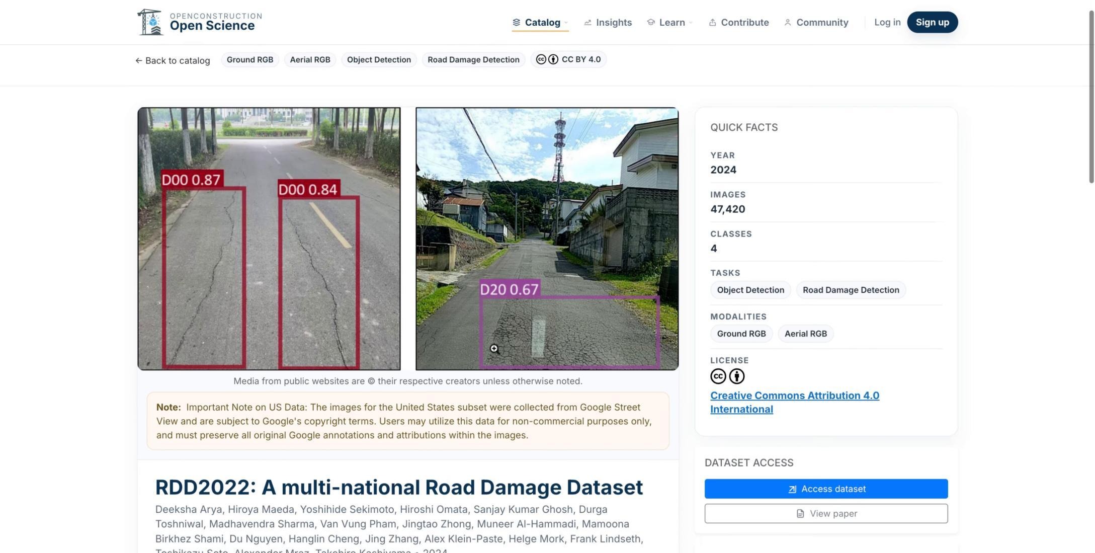 Dataset detail page showing imagery, metadata, license, and source access