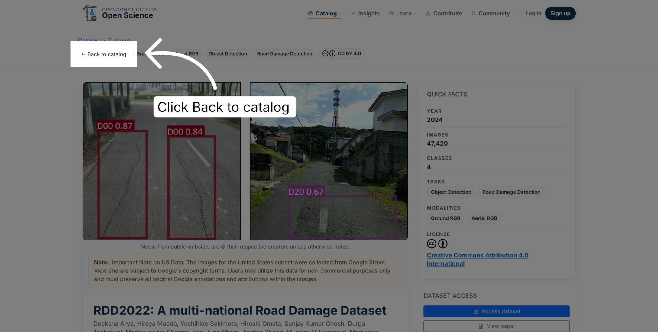 Back to catalog action highlighted on a dataset detail page