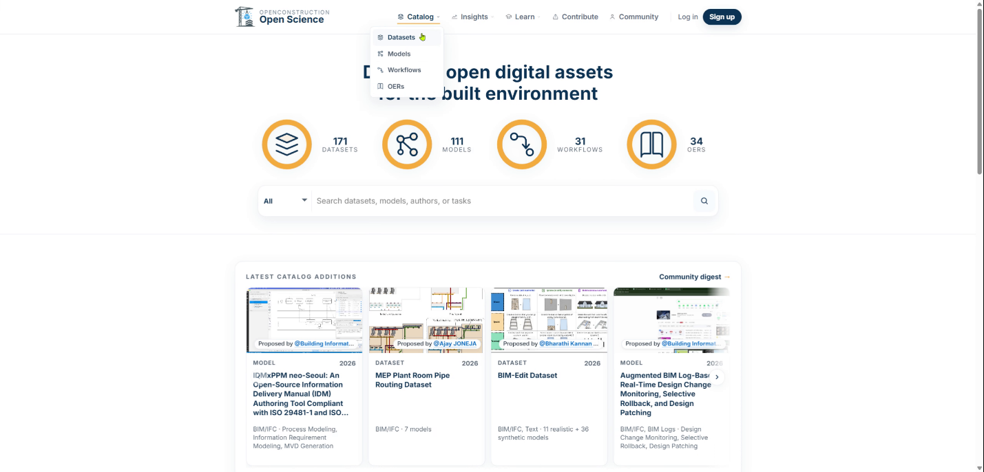 OpenConstruction catalog search and resource detail controls