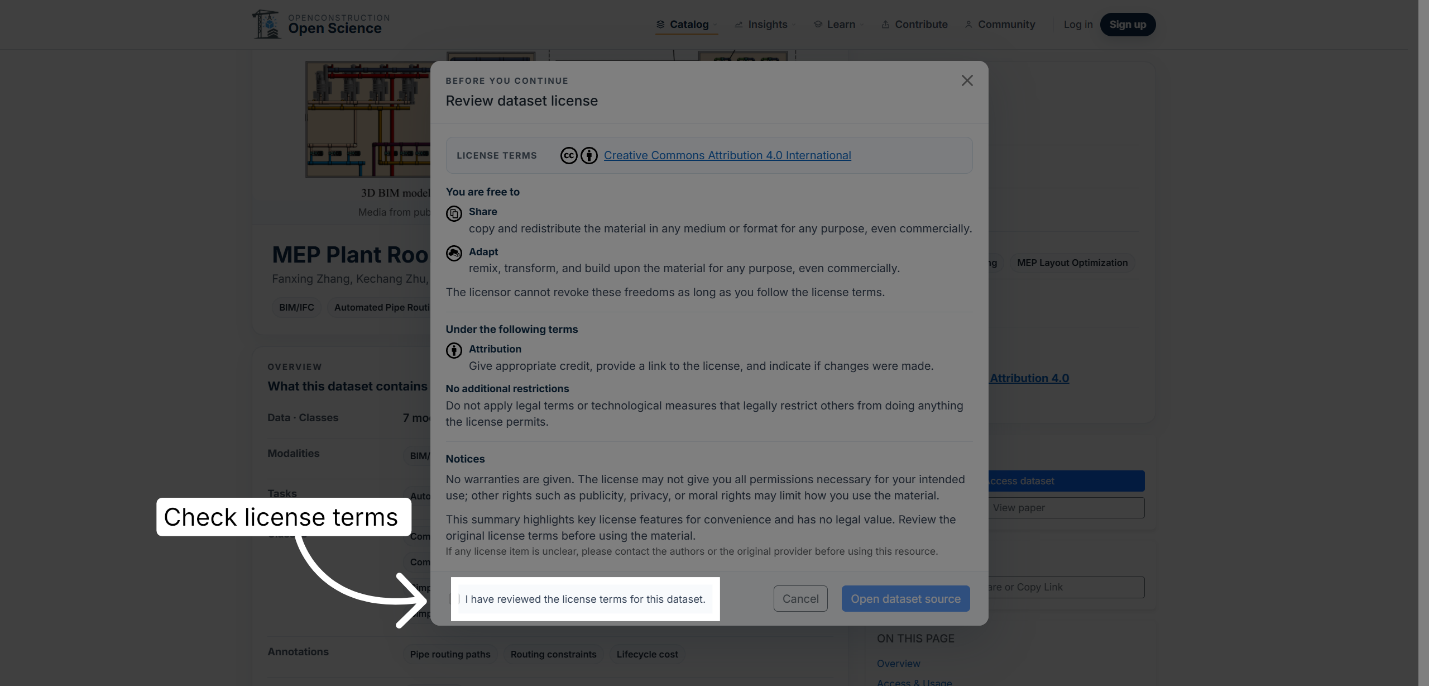 Dataset detail page with a checkbox for confirming reviewed license terms