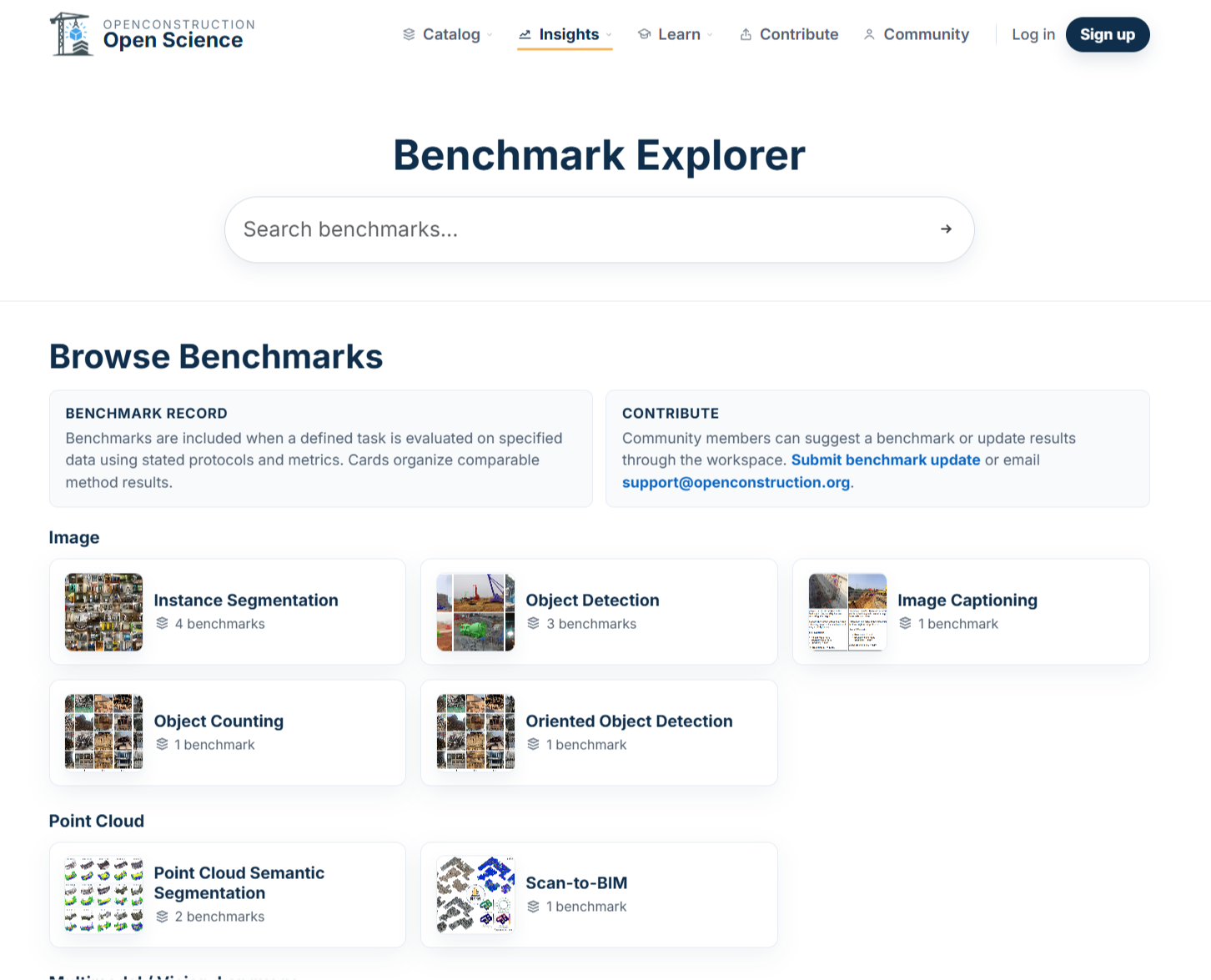 OpenConstruction benchmark explorer showing benchmark tasks and results