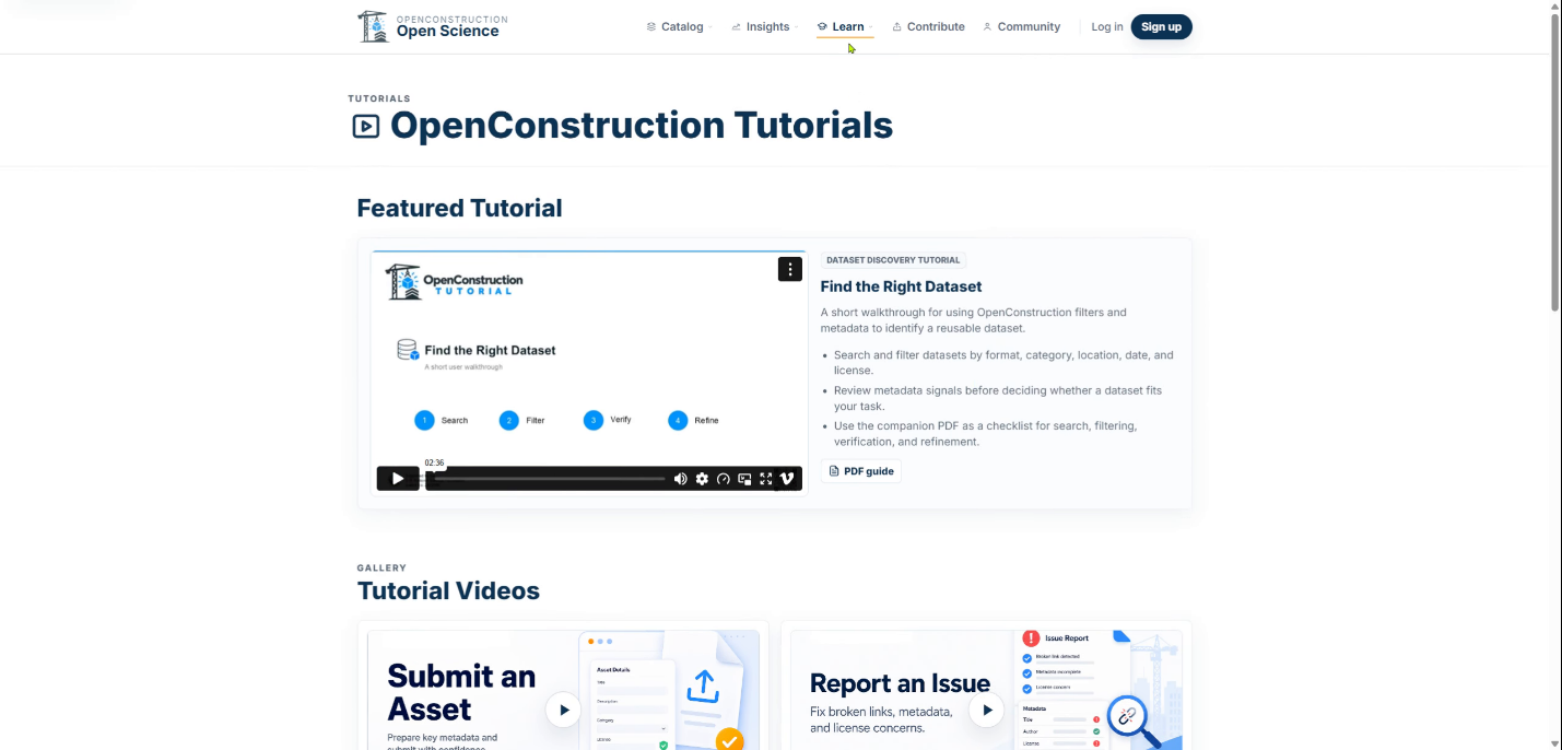 OpenConstruction Documentation page with schema, policies, and references