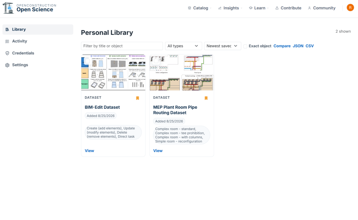 OpenConstruction Workspace page with saved resource and collection tools