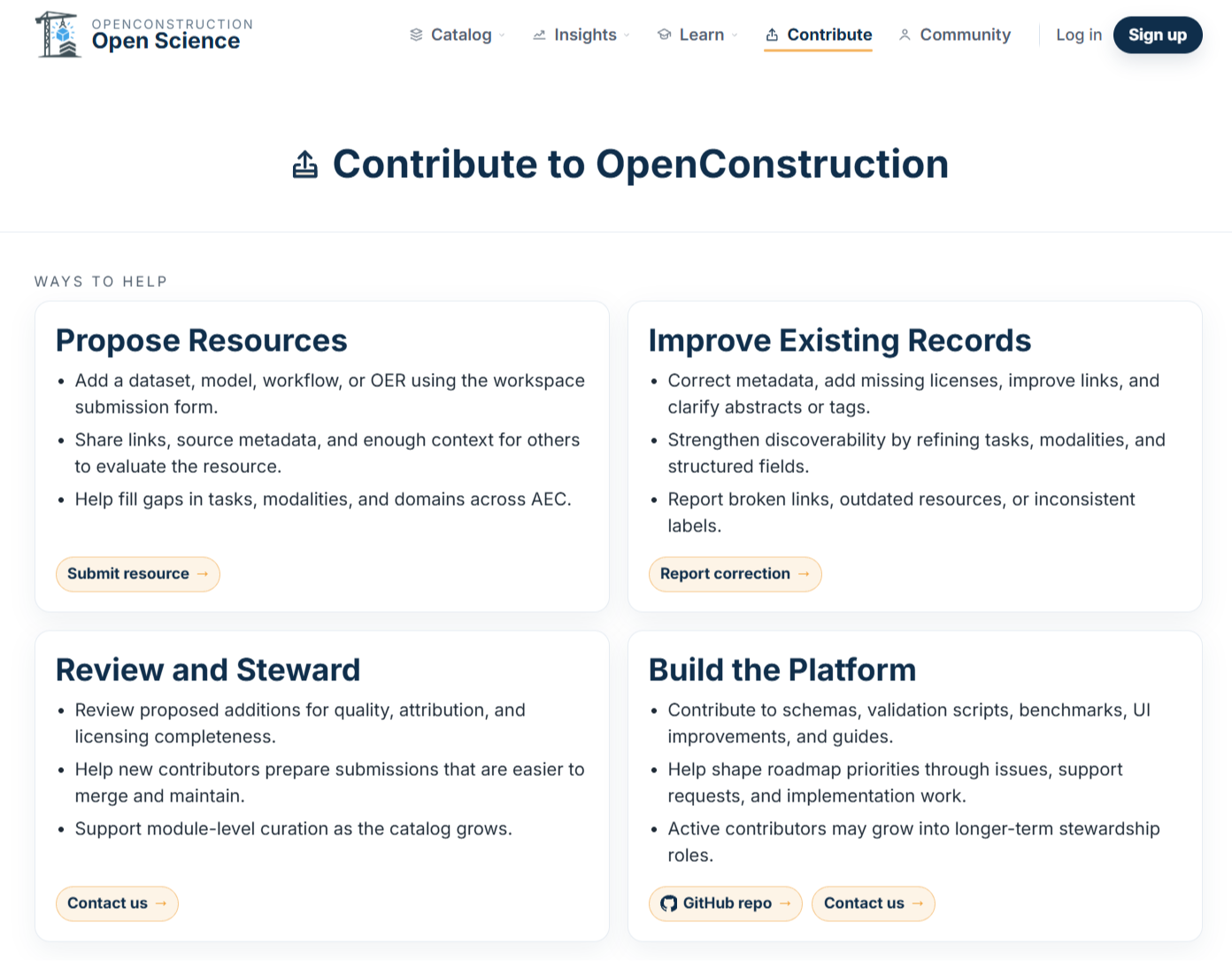 OpenConstruction Contribute page showing ways to propose and improve resources