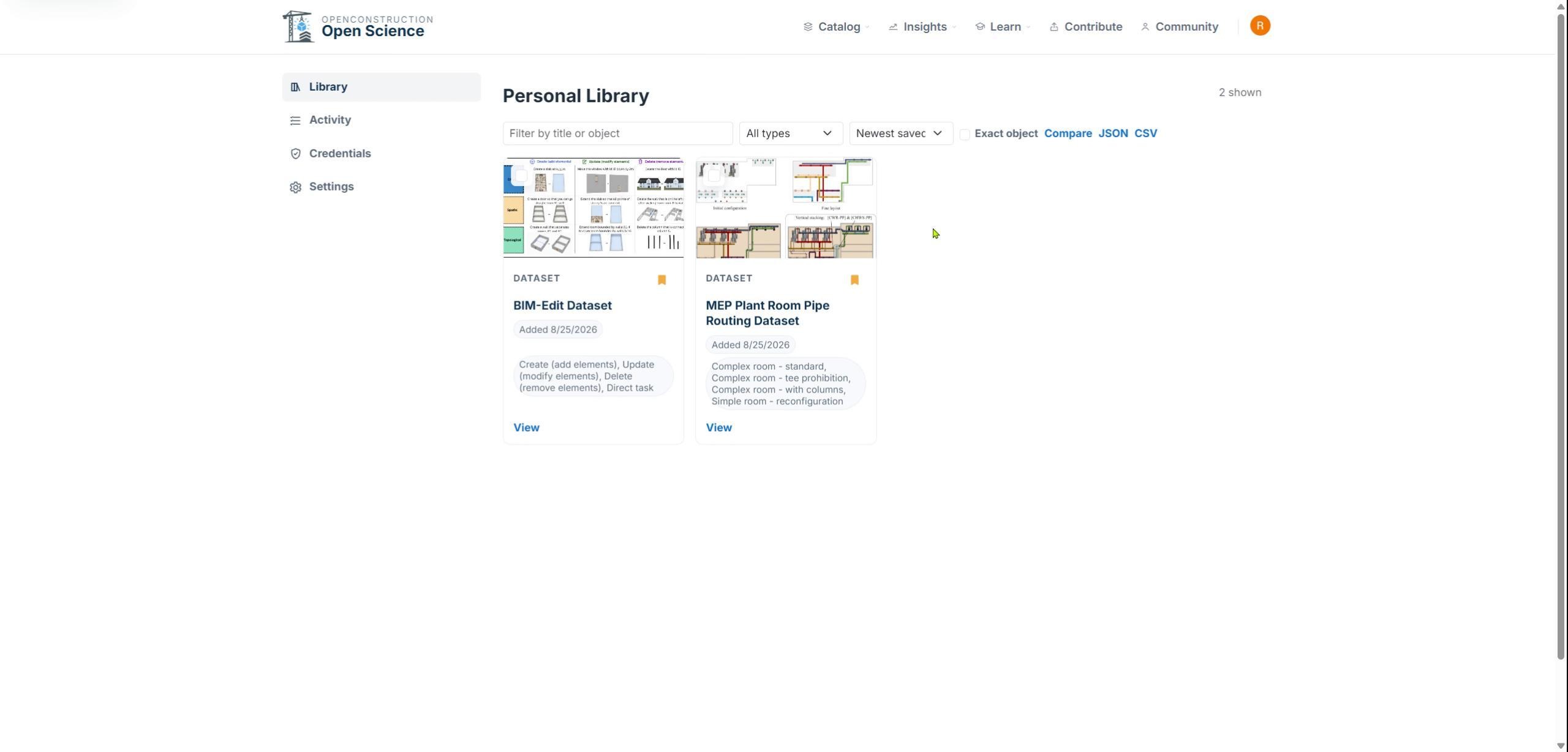 Personal Library showing saved research resources