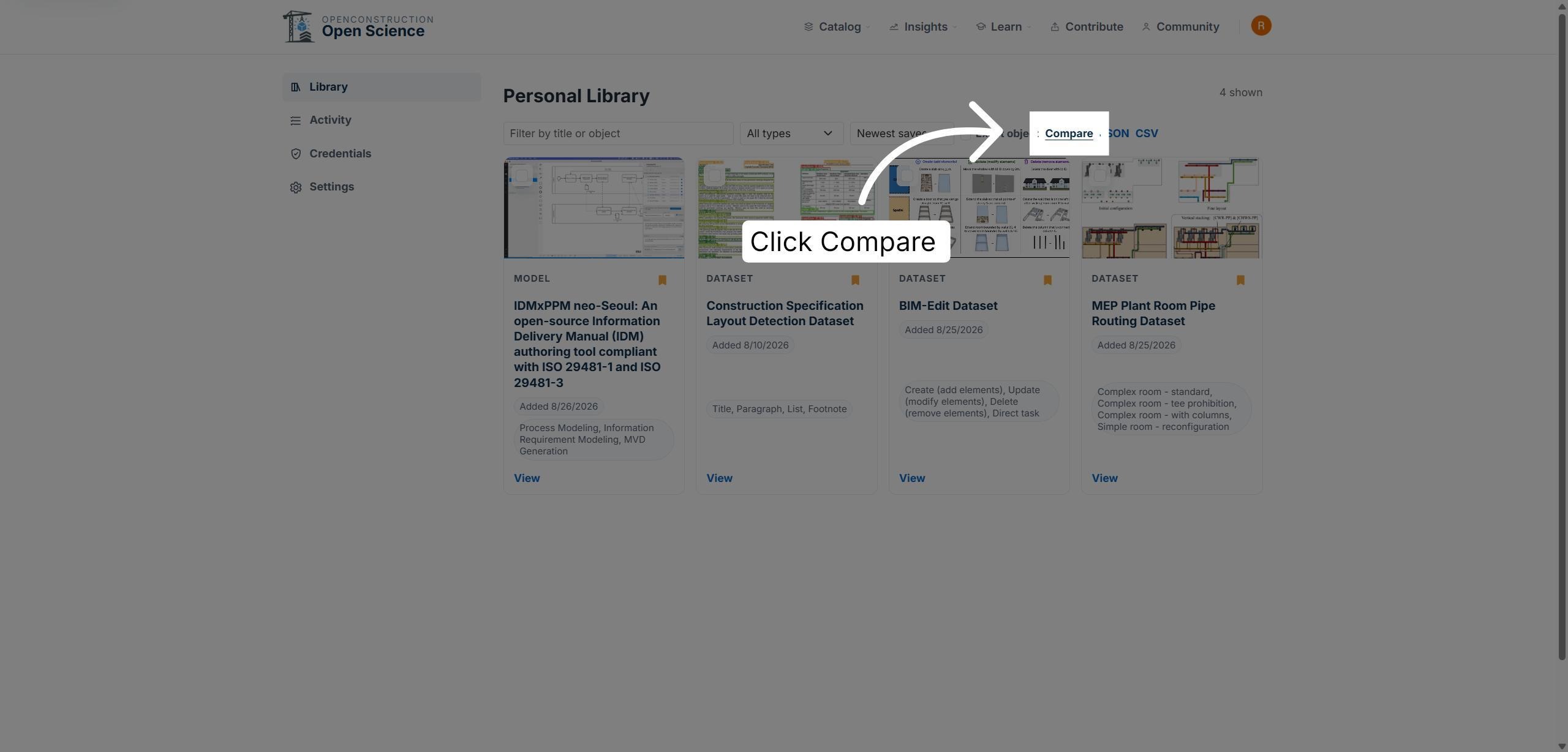 Compare action highlighted in Personal Library