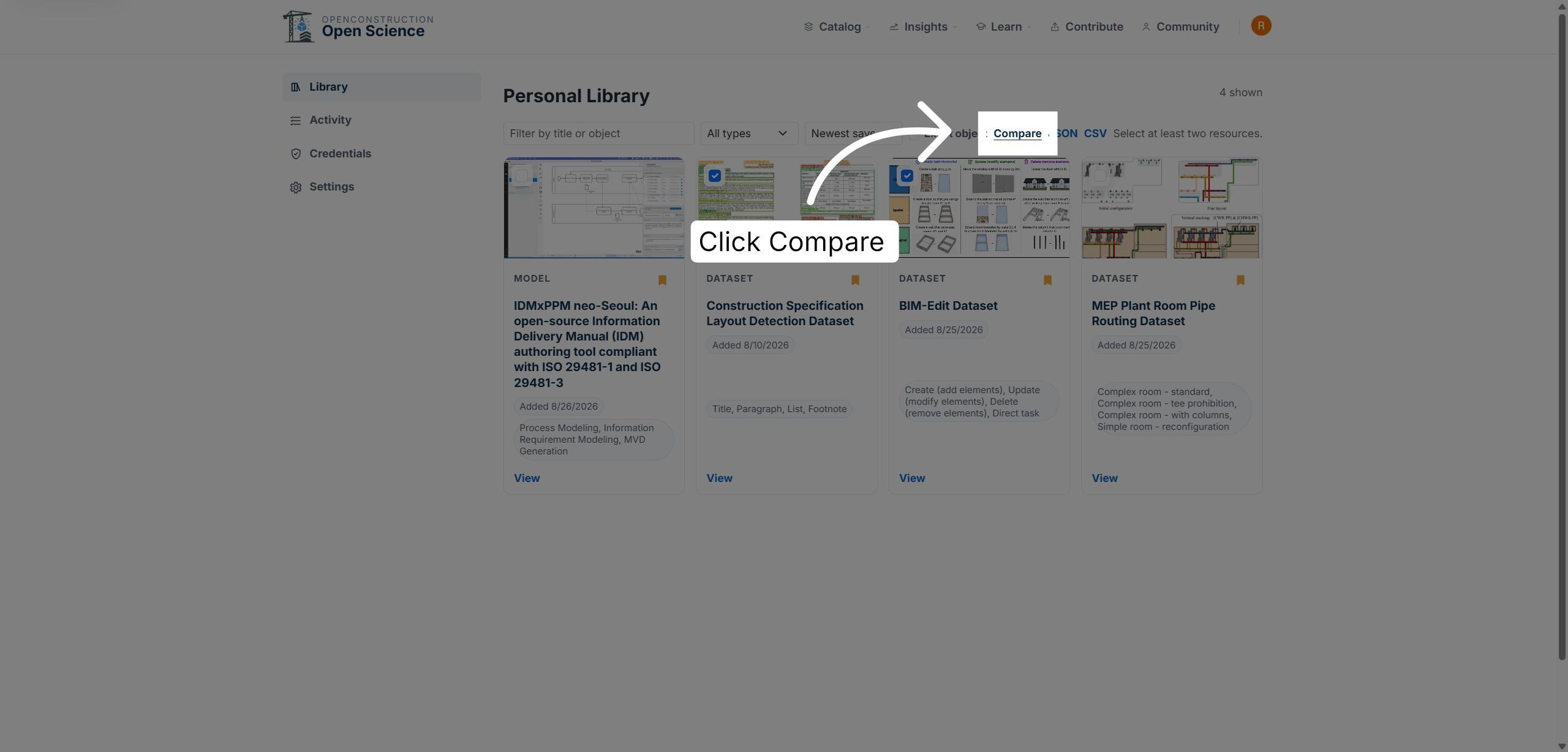 Selected resources ready for comparison in Personal Library