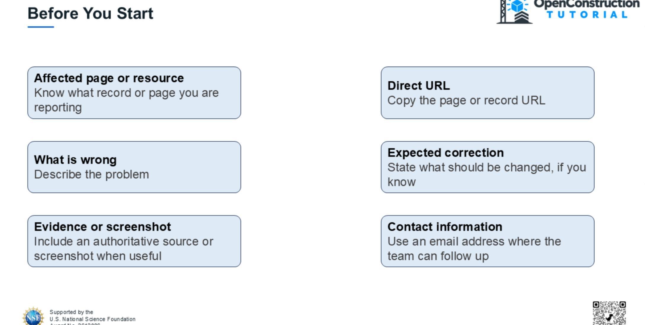 Checklist for preparing an OpenConstruction issue report