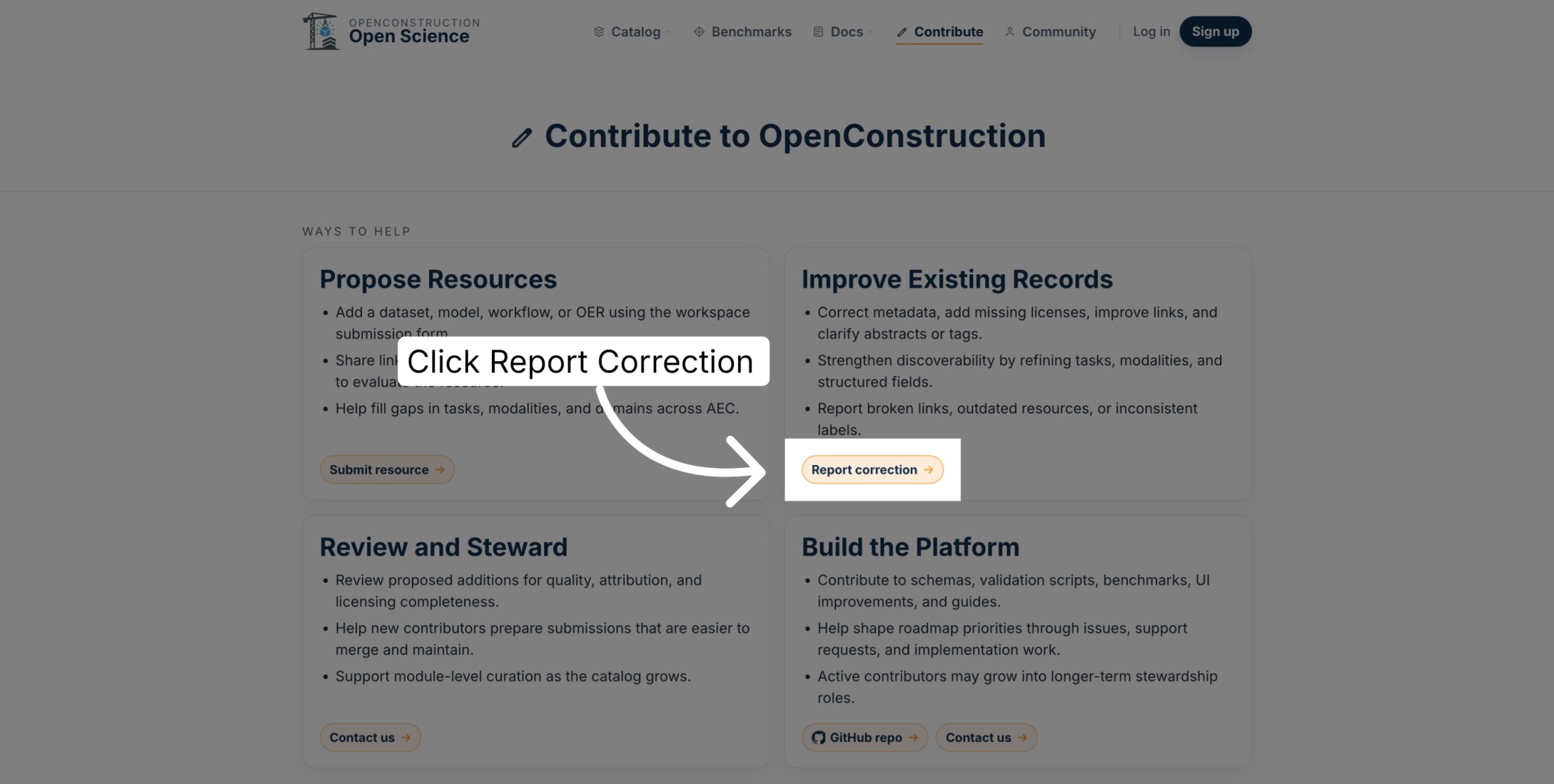 Report correction action highlighted on the Contribute page