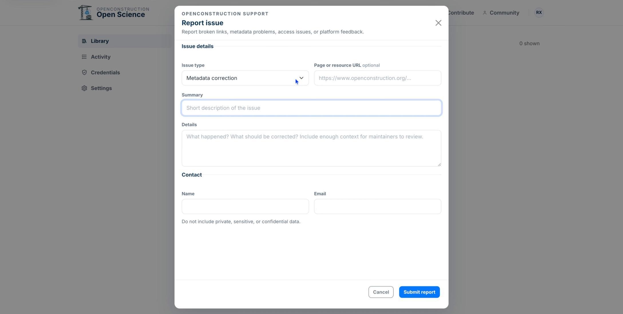 Issue-reporting form with type, summary, details, URL, and contact fields