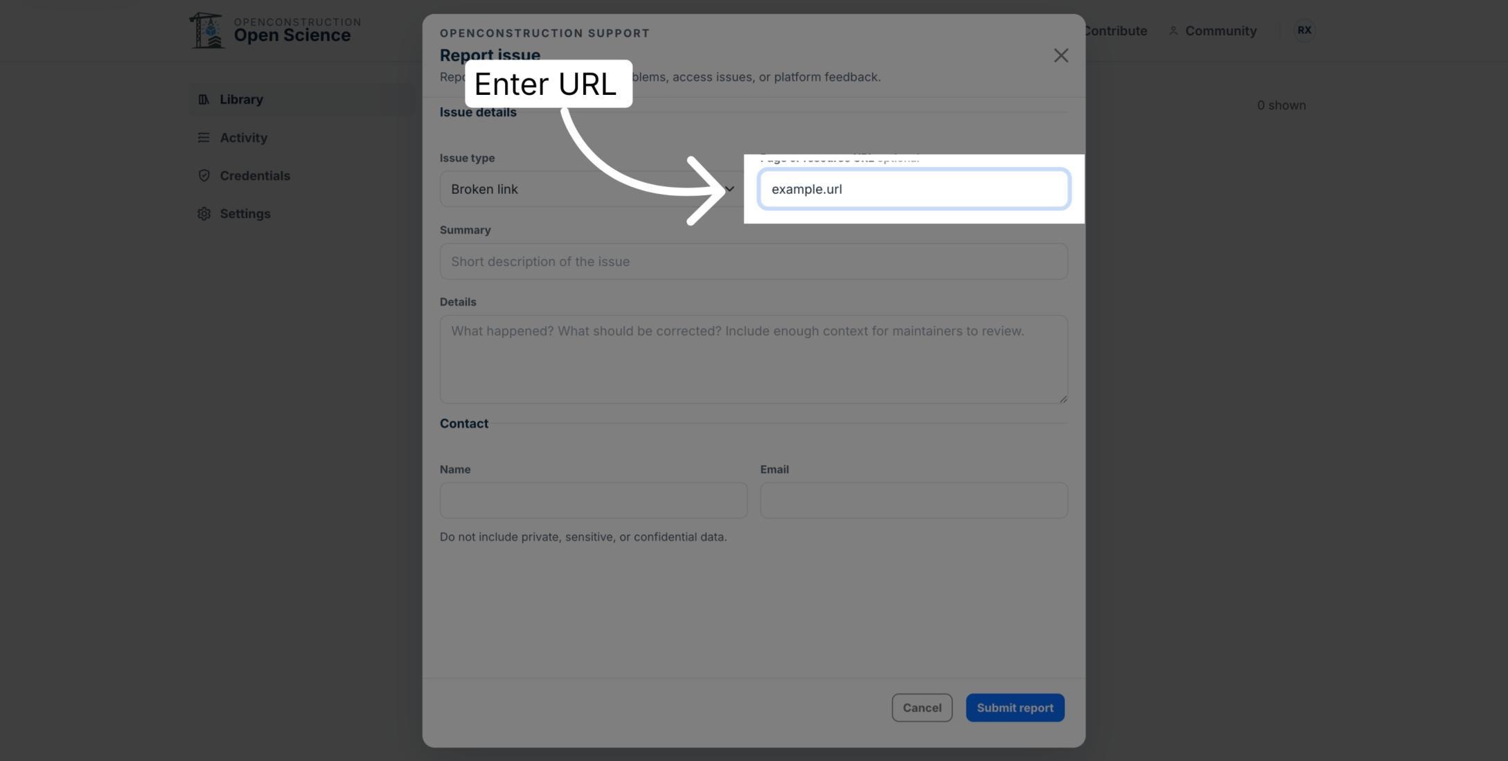 Resource URL field highlighted in the issue-reporting form