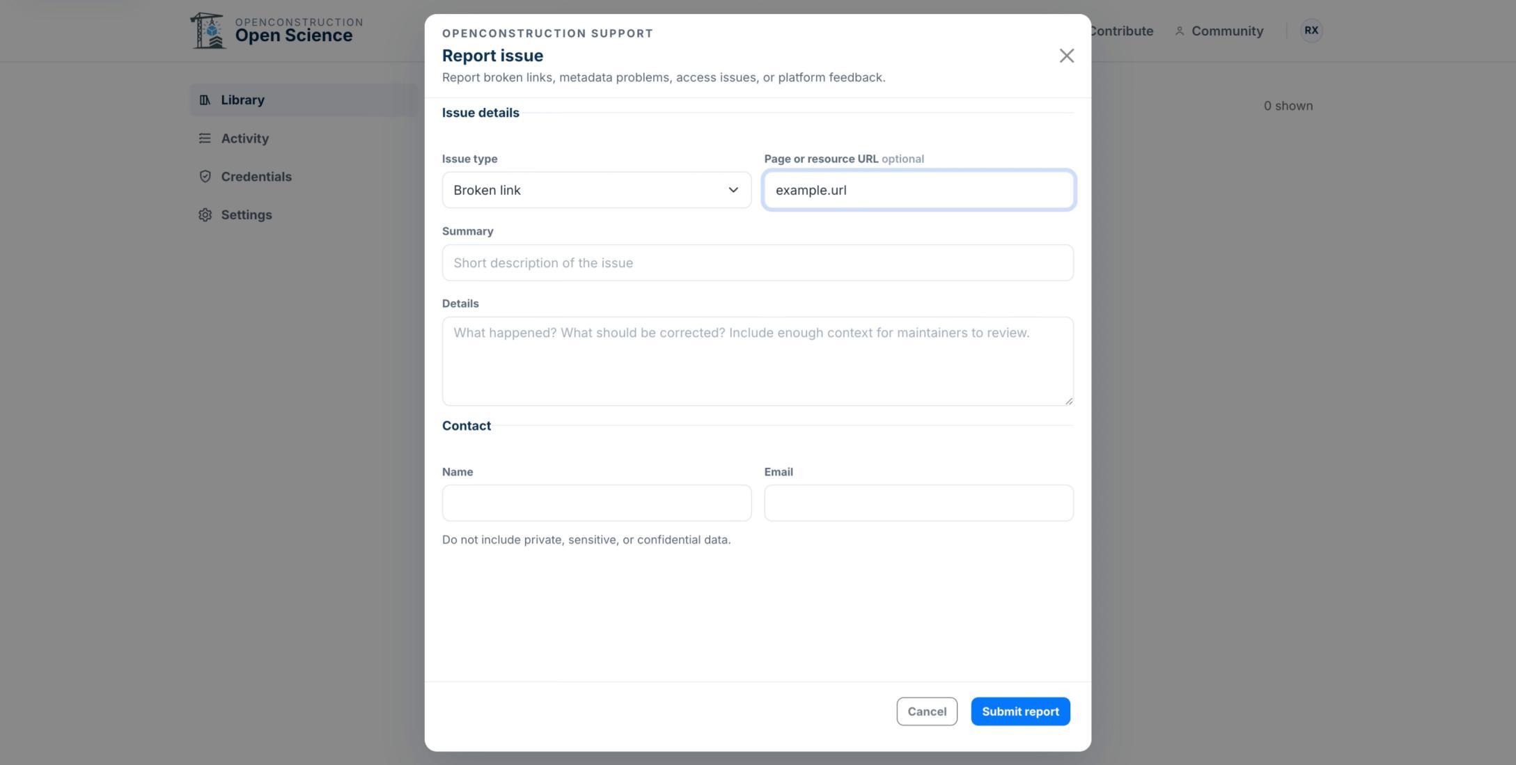 Issue-reporting form prepared for correction details and evidence