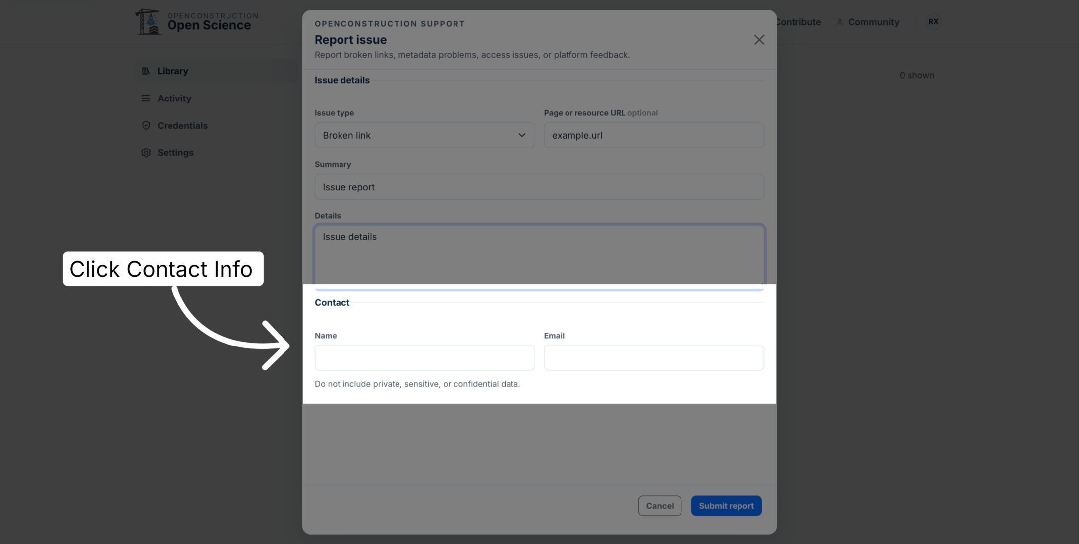 Name and email fields highlighted in the issue-reporting form