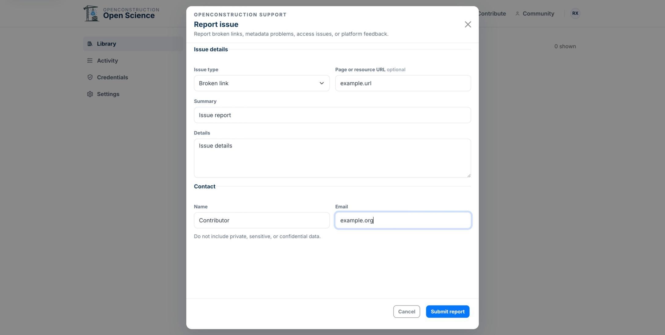 Completed example issue report before submission