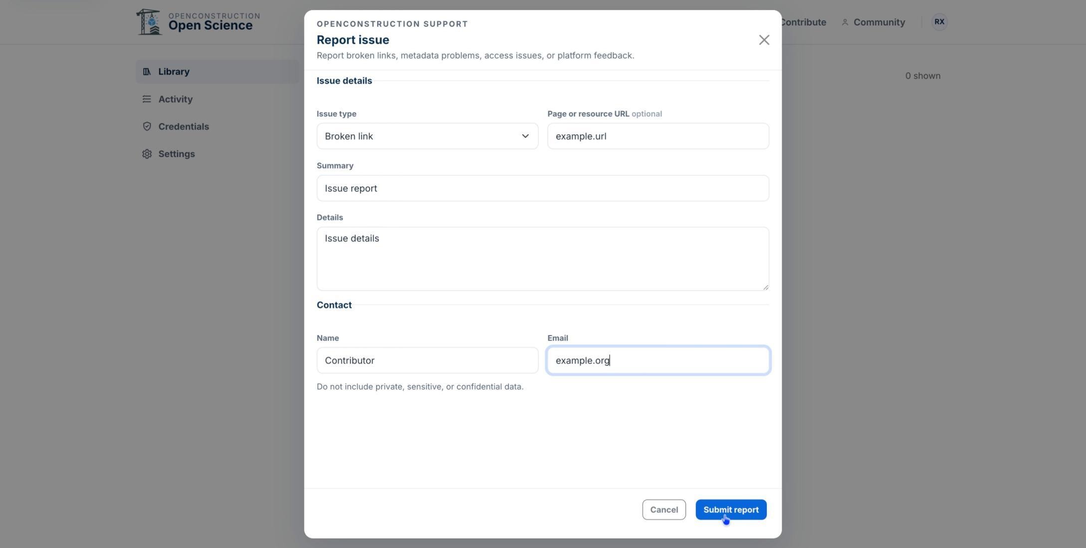 Issue-reporting form ready for final review before submission