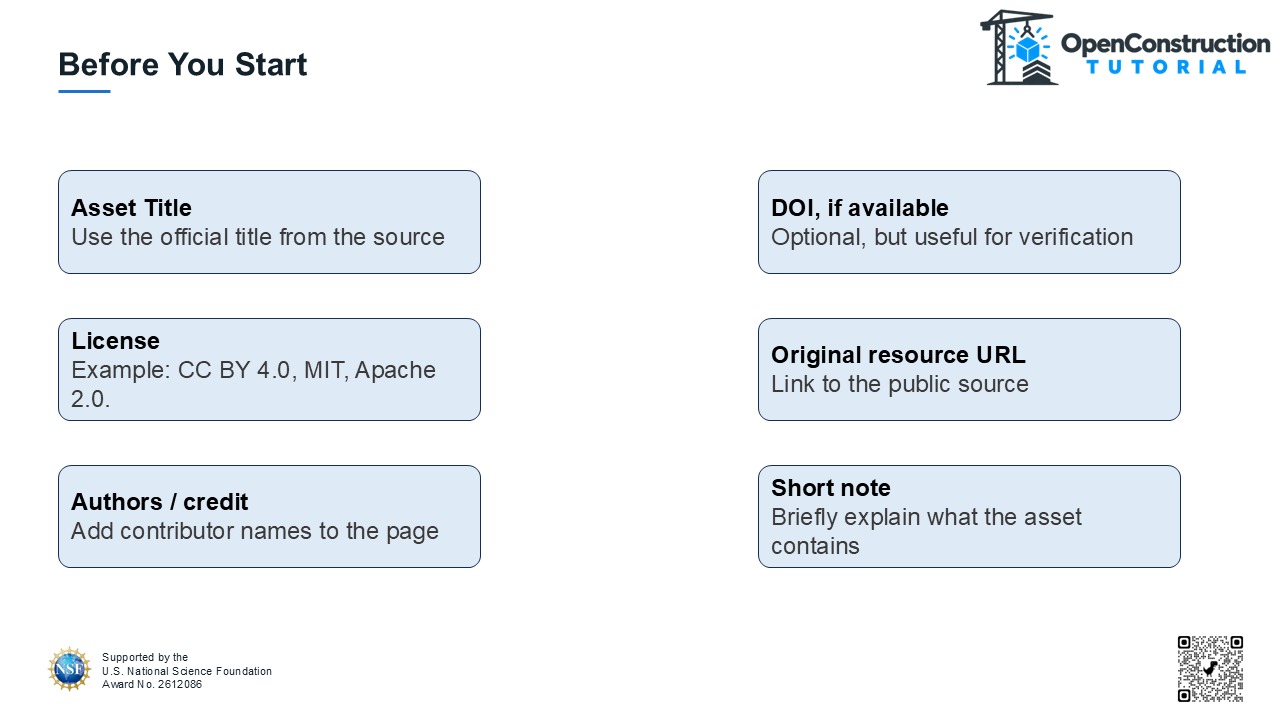 Checklist of information needed before submitting an asset