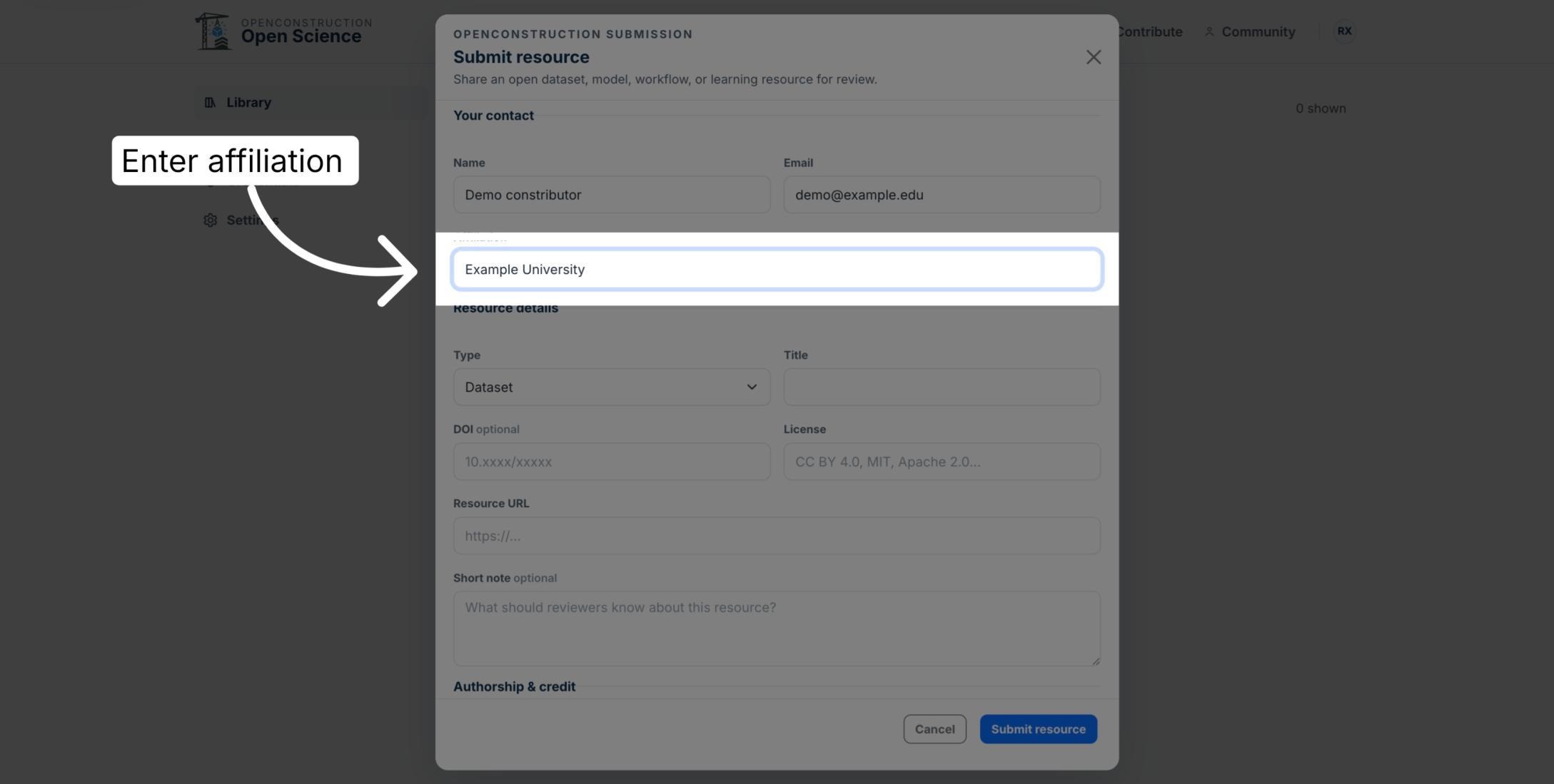 Affiliation field highlighted in the submission form