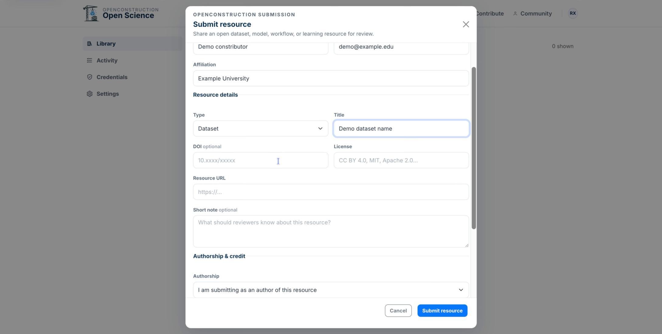 Asset type and title fields in the submission form
