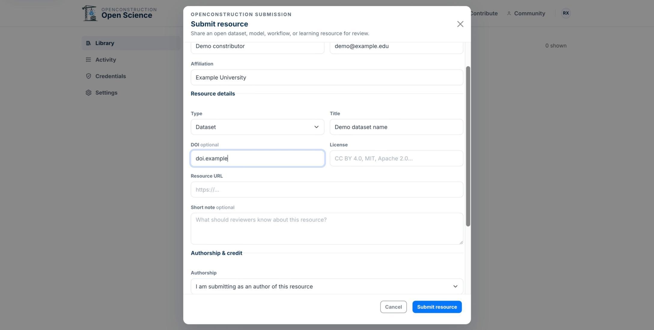DOI field in the asset submission form