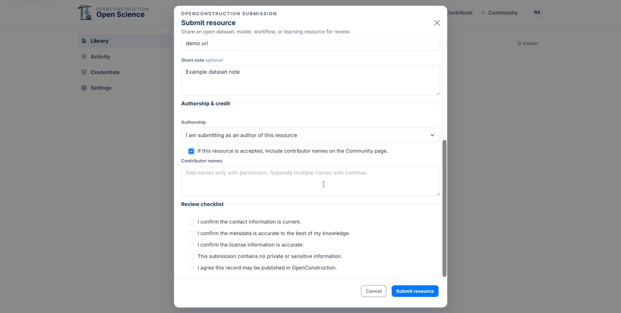 Contributor-name fields in the submission form