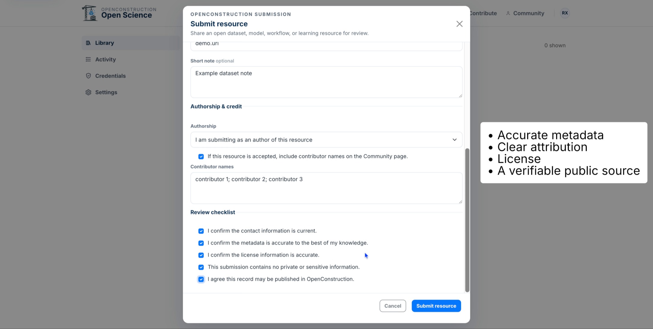 Submission checklist with accuracy, privacy, and publication confirmations