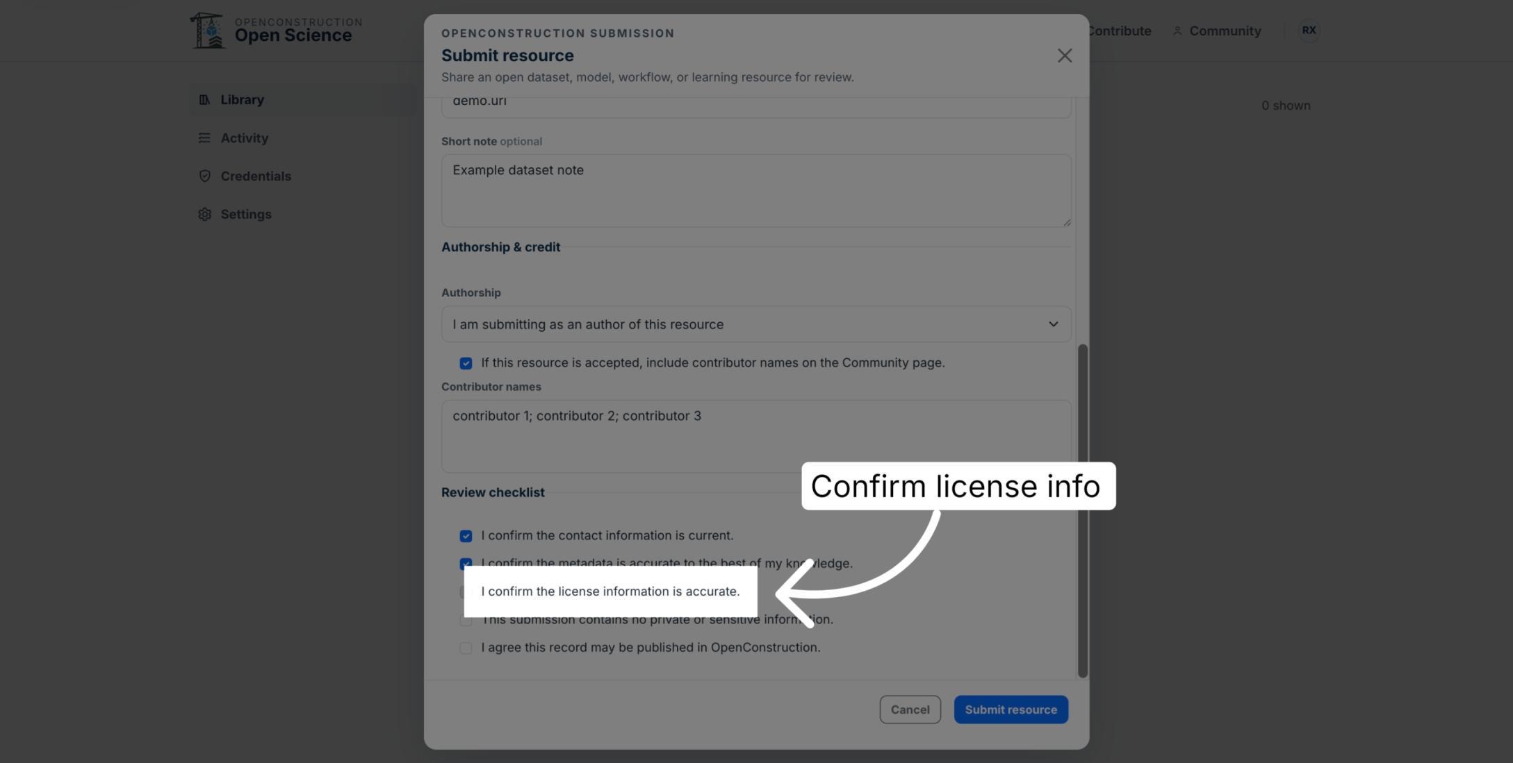 License-information confirmation highlighted