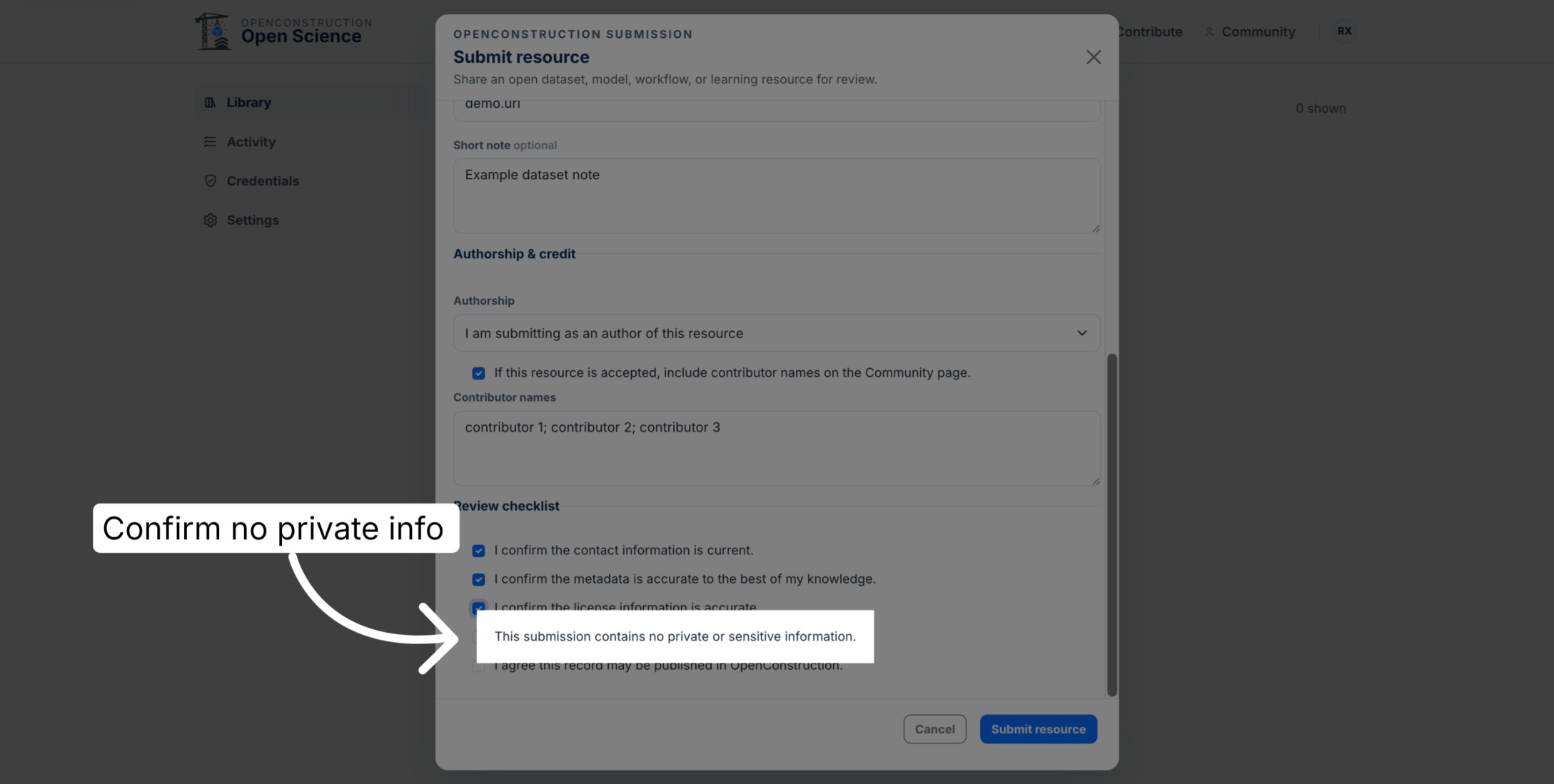 No-private-information confirmation highlighted