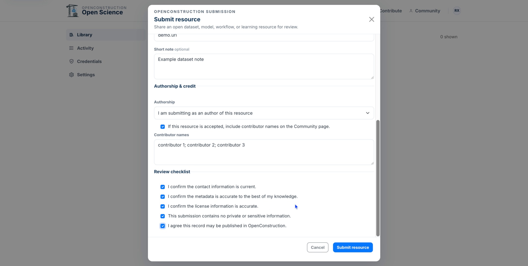 Completed submission form with Submit resource action